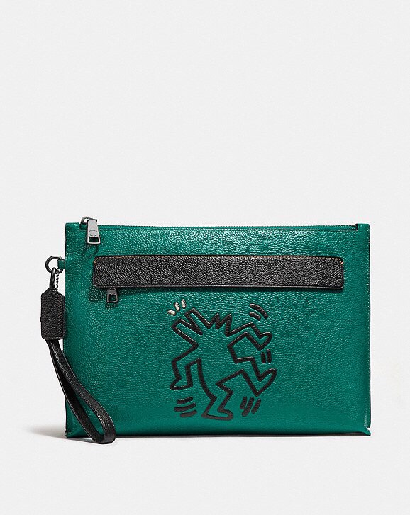 Coach x Keith Haring Emerald Green Leather Zip Pouch 