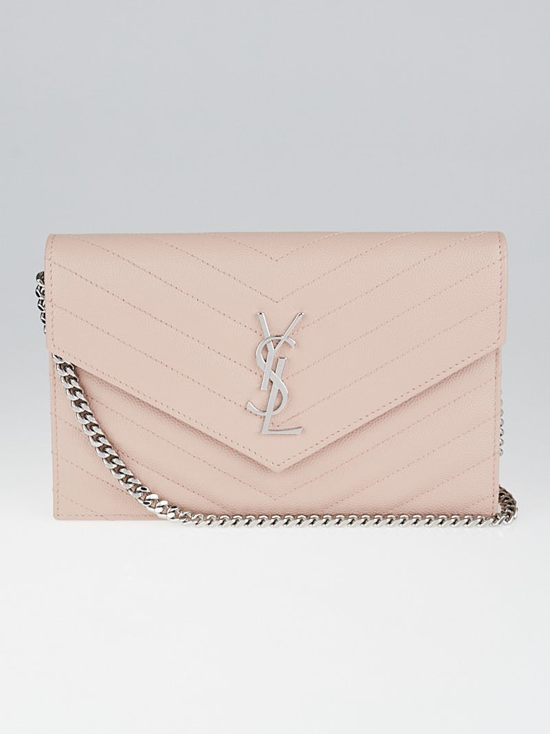 YSL Pale Pink Chevron Quilted Grained Leather Metalasse Wallet on Chain Bag