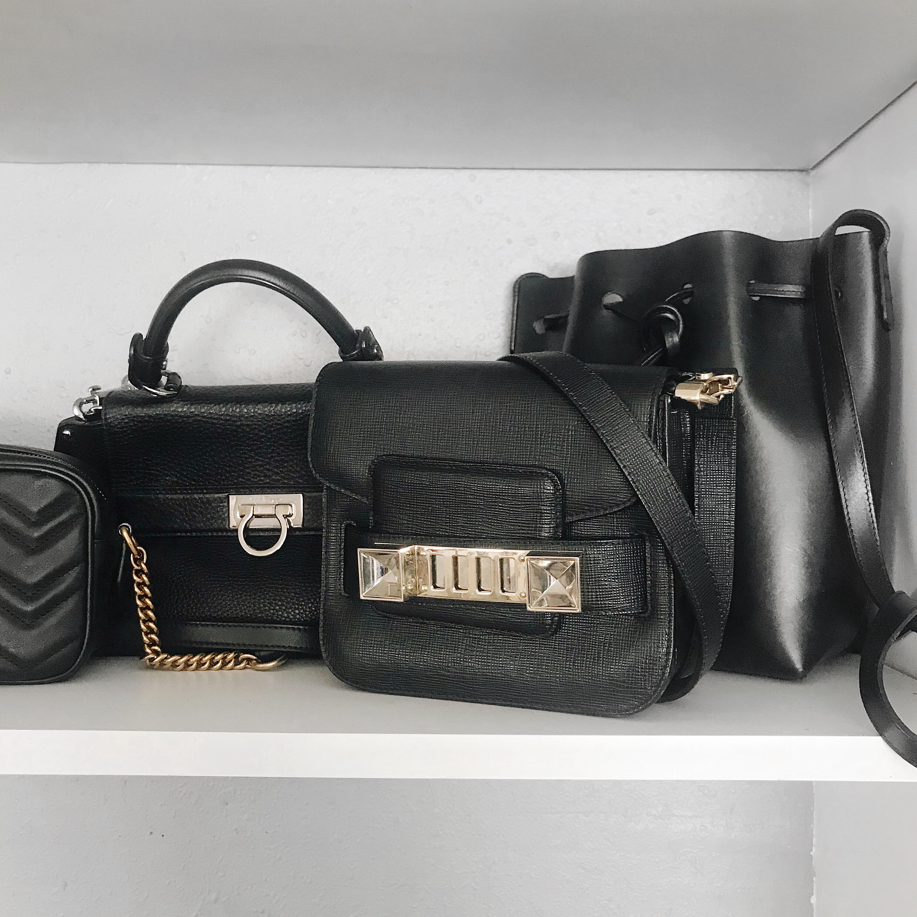 Proenza Schouler PS11, Mansur Gavriel Bucket Bag, Salvatore Ferragamo Sofia bag on shelf 
