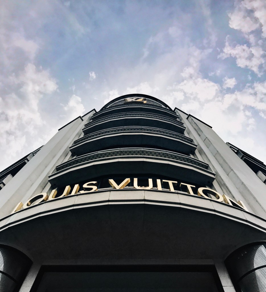 looking up at the sky above Louis Vuitton mothership headquarters Paris