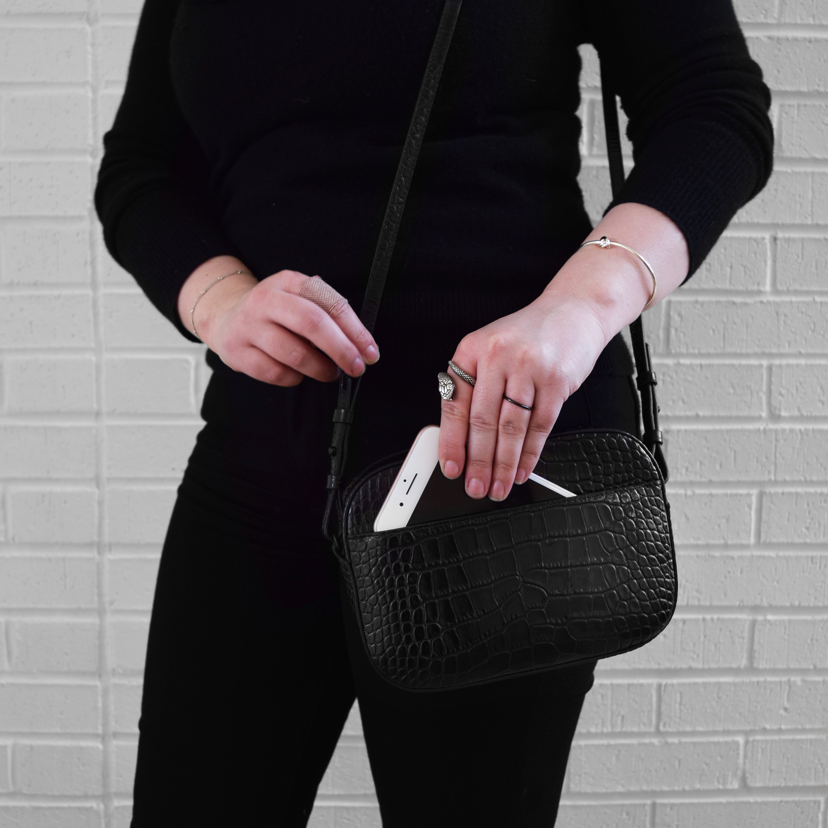 Pop and Suki Bigger Camera Bag in black croc leather